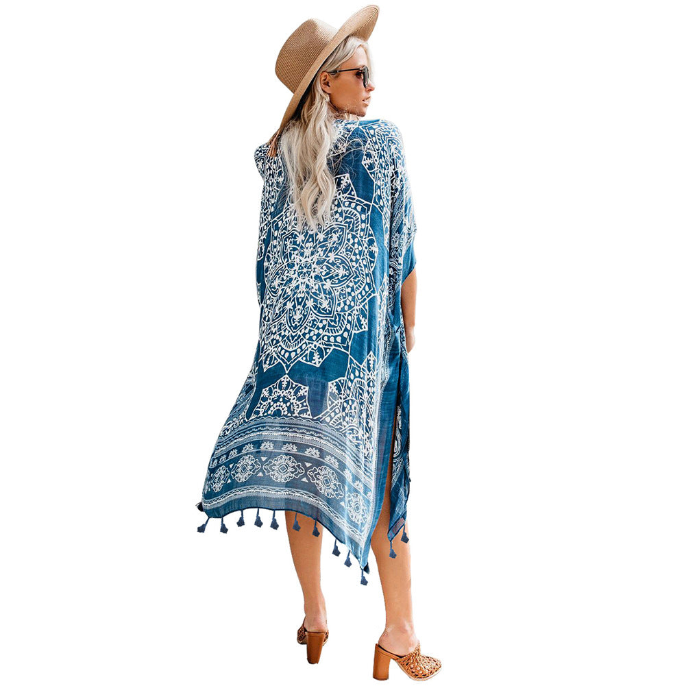 Open Skies Boho Kimono Blue With Poms