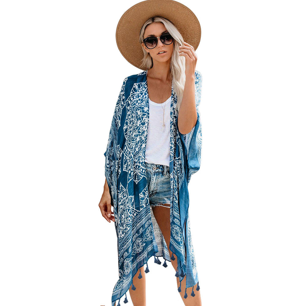 Open Skies Boho Kimono Blue With Poms