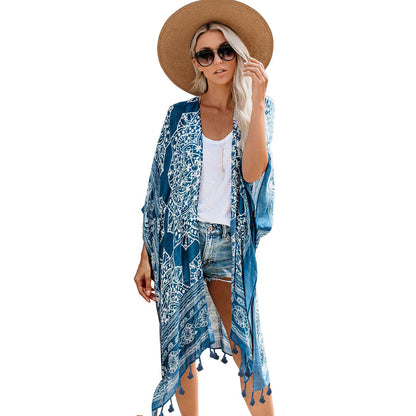 Open Skies Boho Kimono Blue With Poms