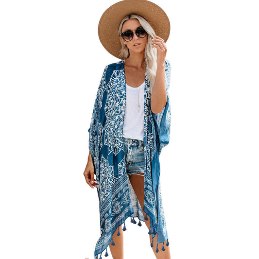 Open Skies Boho Kimono Blue With Poms