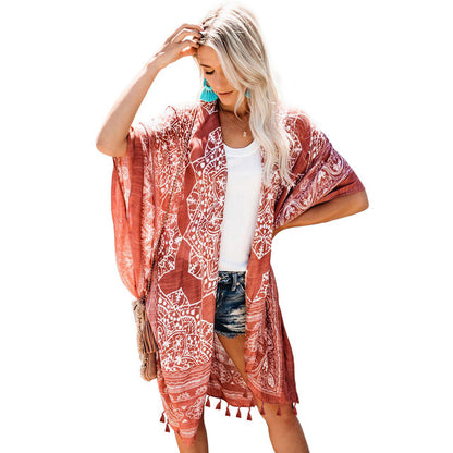 Open Skies Boho Kimono Rust With Poms