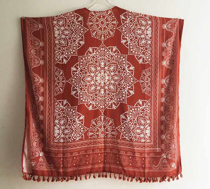 Open Skies Boho Kimono Rust With Poms