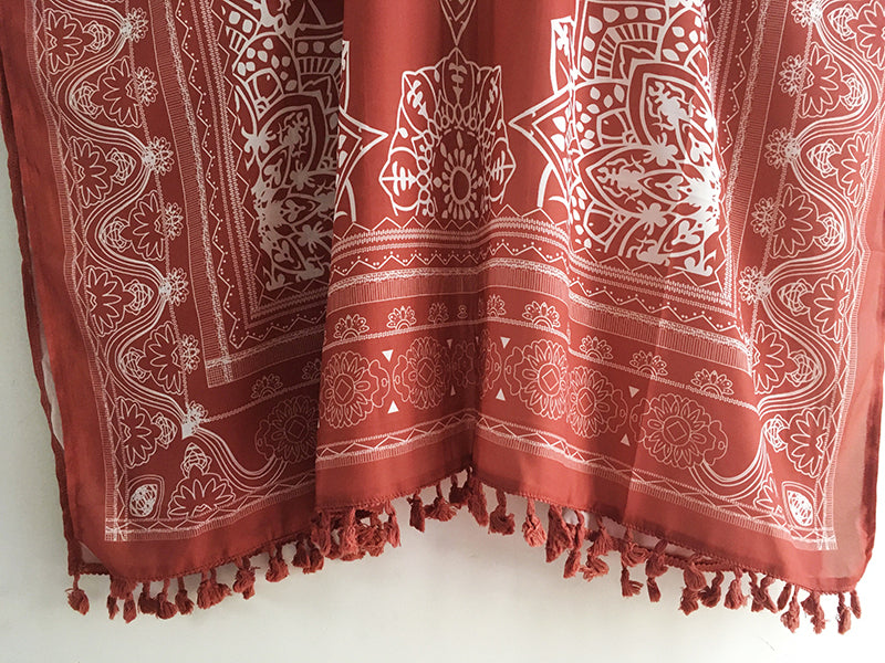 Open Skies Boho Kimono Rust With Poms