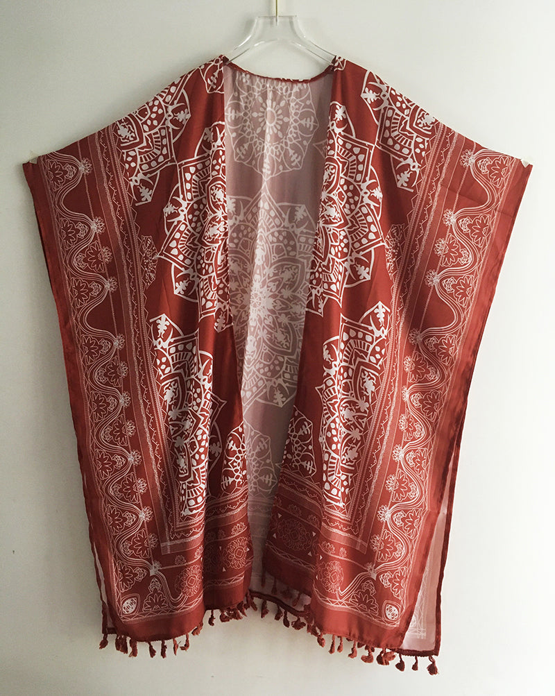 Open Skies Boho Kimono Rust With Poms