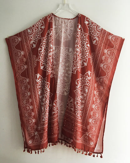 Open Skies Boho Kimono Rust With Poms
