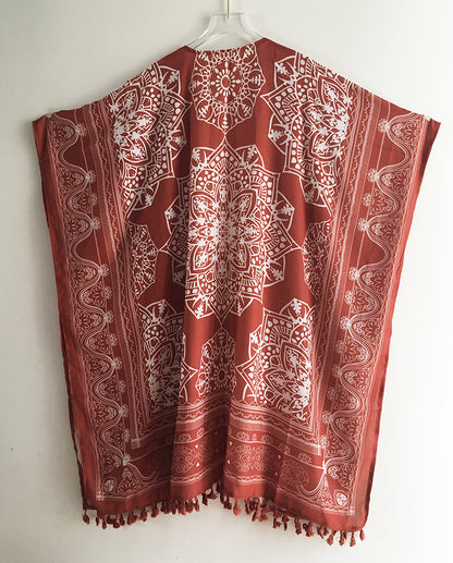 Open Skies Boho Kimono Rust With Poms