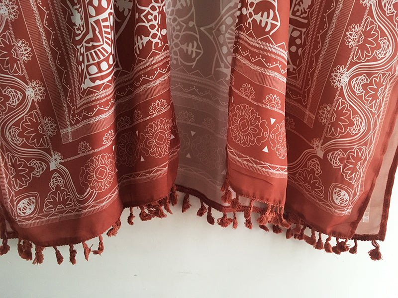 Open Skies Boho Kimono Rust With Poms