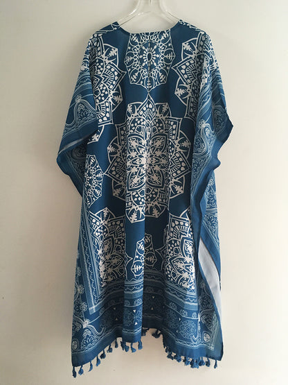 Open Skies Boho Kimono Blue With Poms