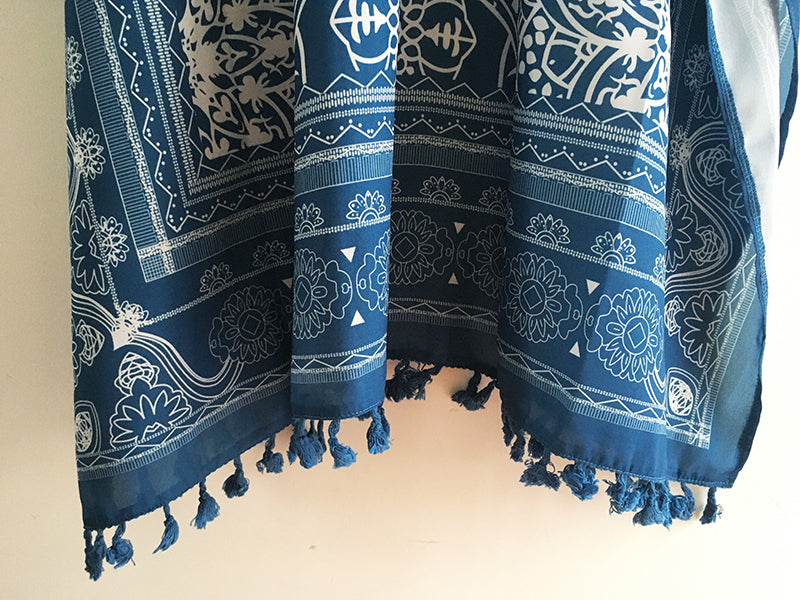 Open Skies Boho Kimono Blue With Poms