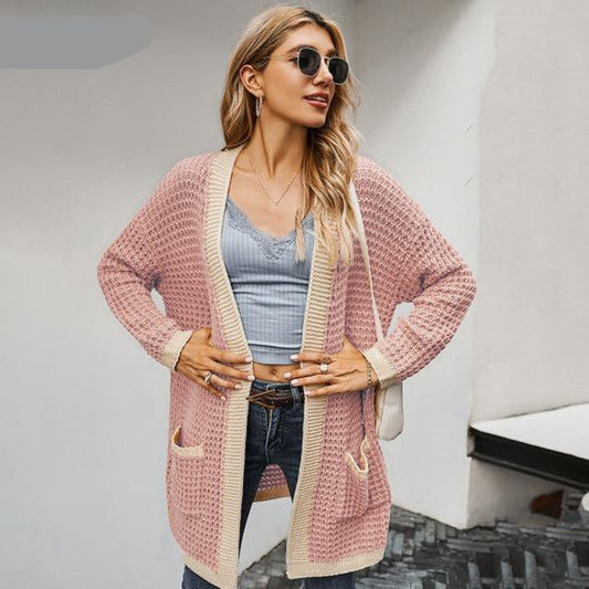 Hearthside Contrast Piping Waffle Knit Cardigan Sweater