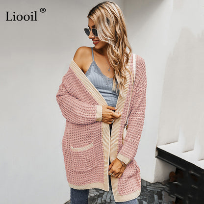 Hearthside Contrast Piping Waffle Knit Cardigan Sweater