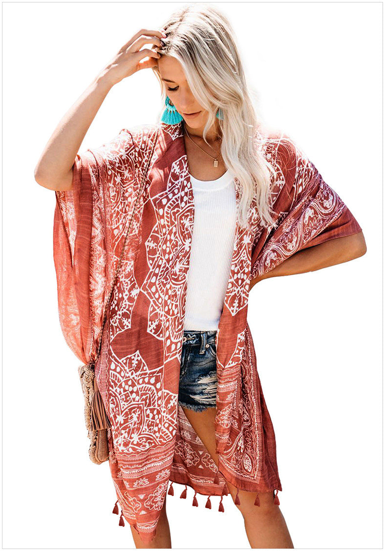 Open Skies Boho Kimono Rust With Poms