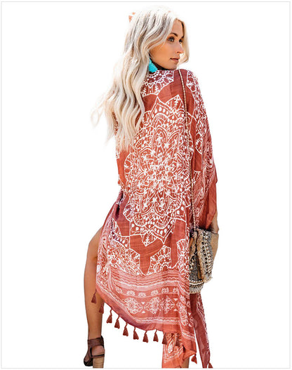 Open Skies Boho Kimono Rust With Poms