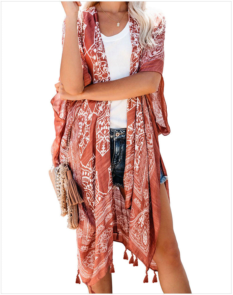 Open Skies Boho Kimono Rust With Poms