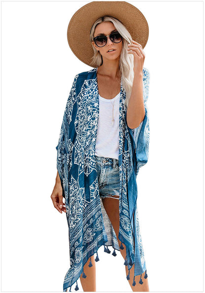 Open Skies Boho Kimono Blue With Poms
