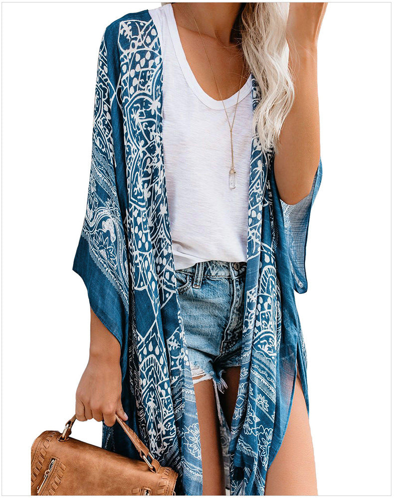 Open Skies Boho Kimono Blue With Poms