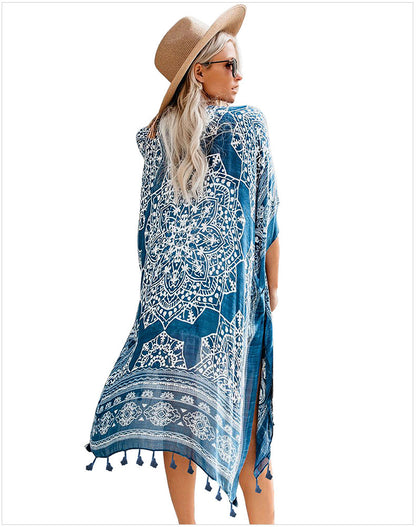 Open Skies Boho Kimono Blue With Poms